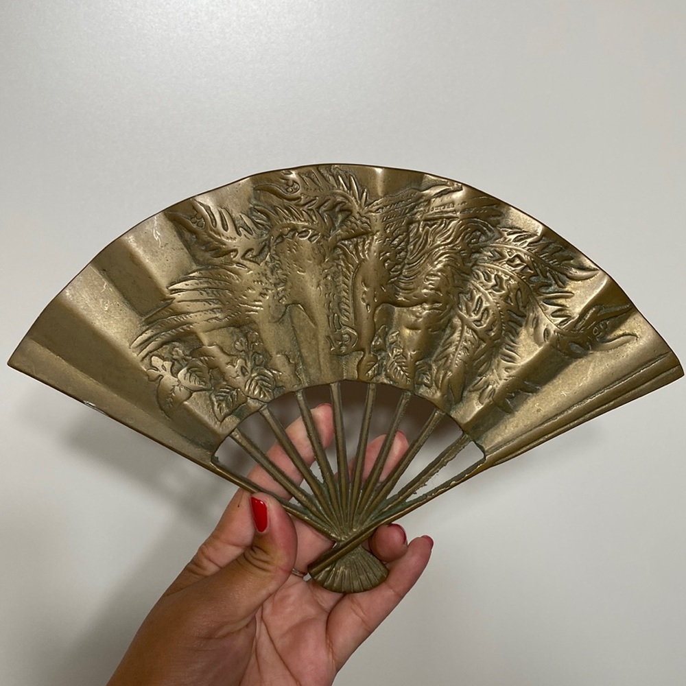 Vintage Brass 3D Etched Phoenix Oriental Fan